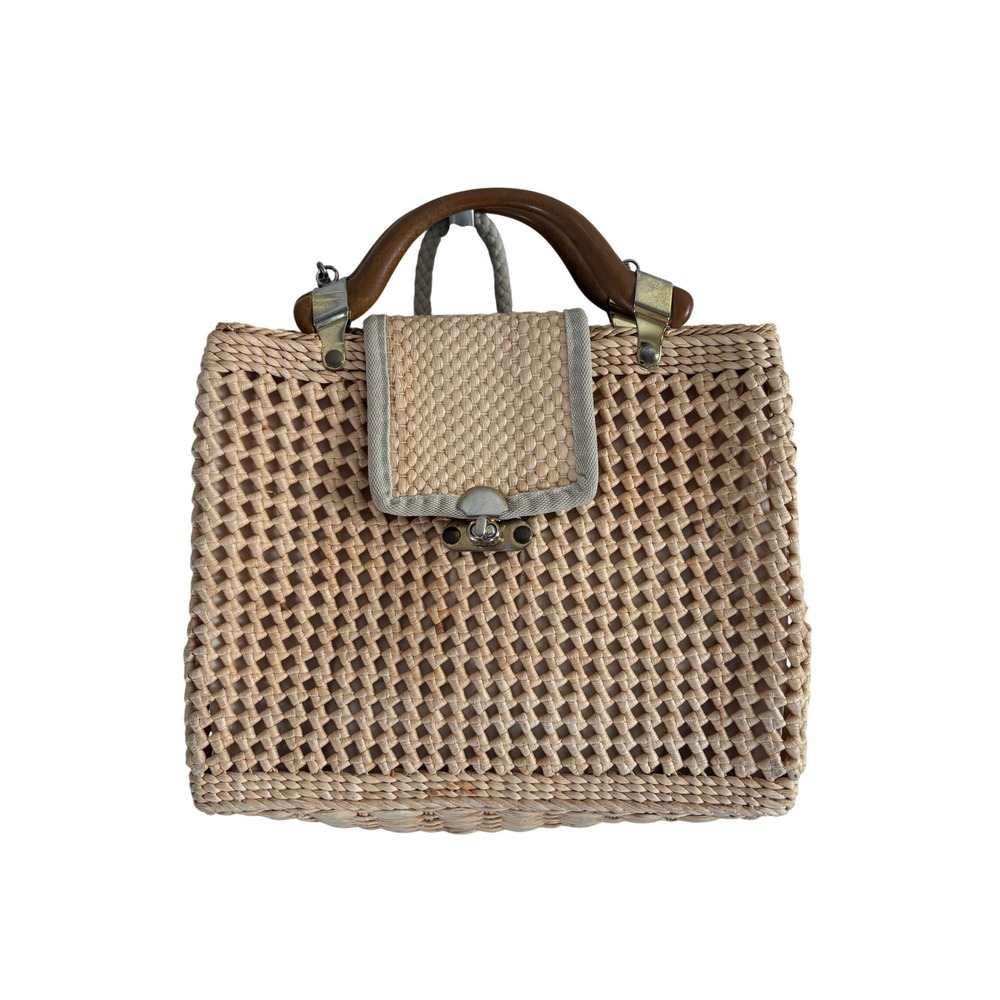 Vintage Made in Italy Woven Straw Handbag Wooden Handle Lattice Raffia Bag